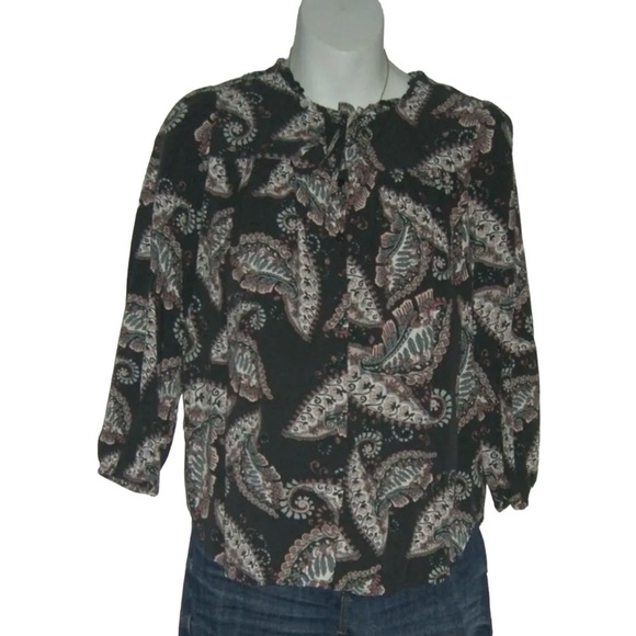 Ann Taylor Loft Blouse Button Down Paisley Peasant Boho Whimsygoth Cottage Tie P - Picture 3 of 9